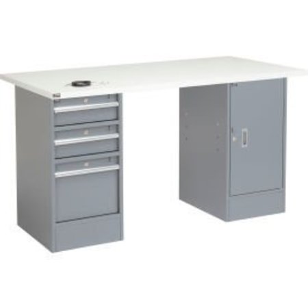GLOBAL EQUIPMENT 72"W x 30"D Pedestal Workbench - 3 Drawers   Cabinet, ESD Square Edge - Gray 607645